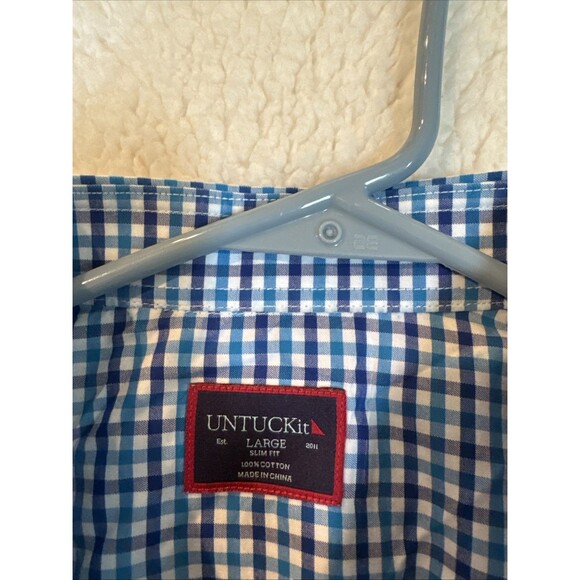 Untuckit Shirt Mens Large Navy Blue Teal Check Short Sleeve Slim Fit Manzanilla - Picture 3 of 9